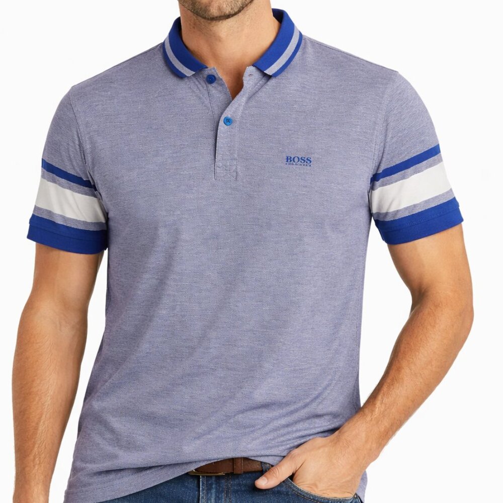 BOSS Hugo Boss Blue Stripe Sleeve Pima Cotton Polo XXL